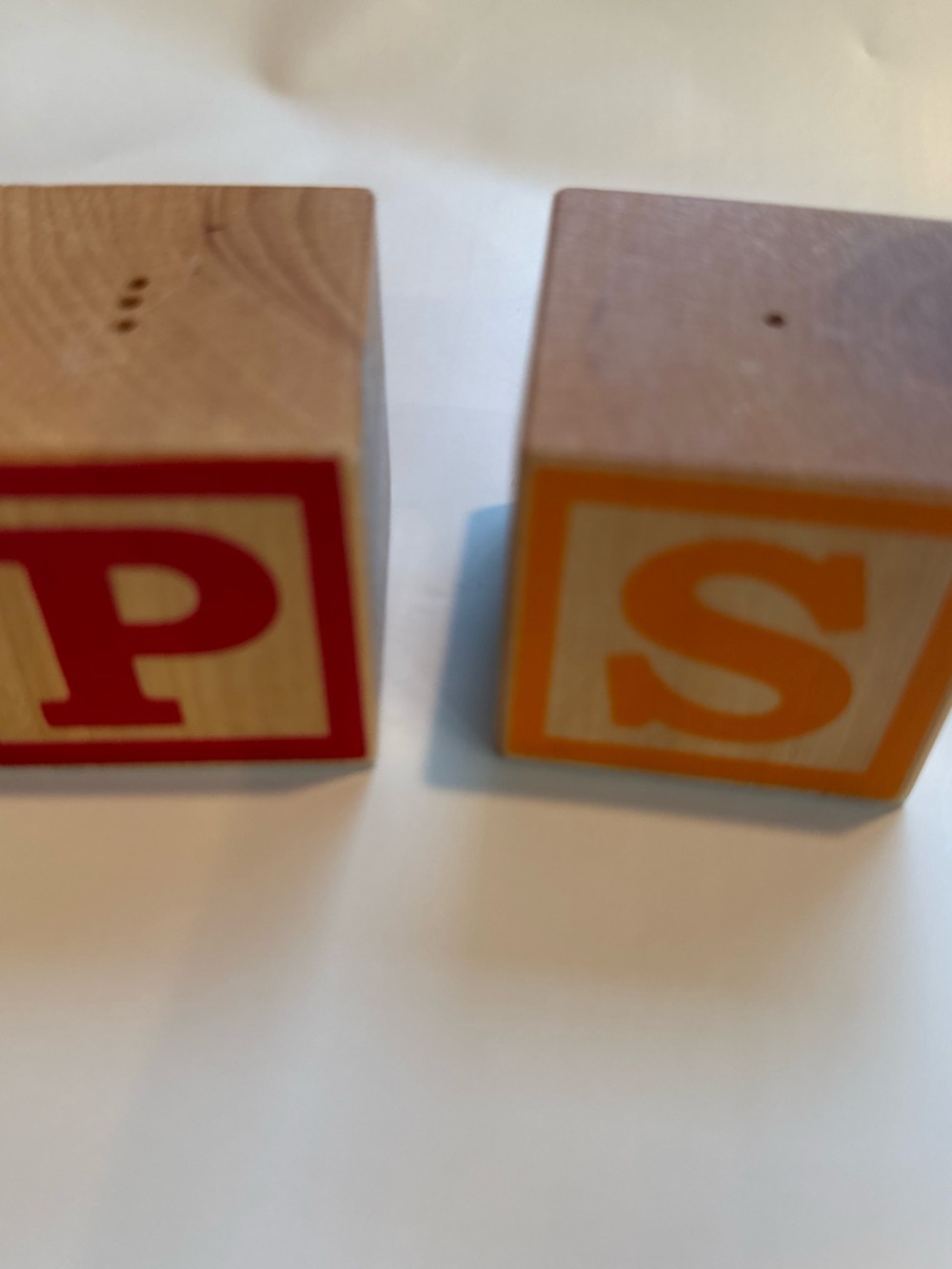 Fred 
Salt and pepper shakers Wooden Letter Blocks - Red P and Orange S